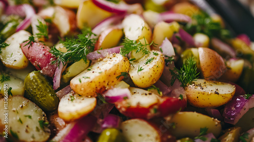 Klassischer Kartoffelsalat mit Joghurt-Dressing von Oma, eine erfrischende Kombination aus Aromen, die jedes Essen ansprechend ergõnzt und ein Gef³hl von Zuhause bietet photo