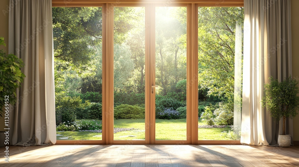 Fototapeta premium Room interior decoration with wooden glass door and curtain with garden view and sunlight