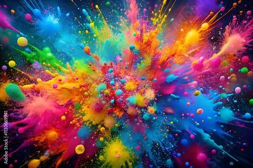 A vibrant explosion of colorful paint splatters across a dark background.