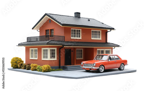 Red Car and House Model on Transparent Background