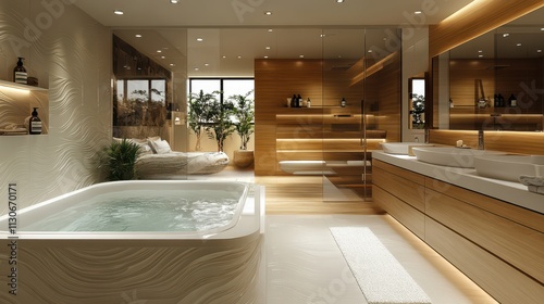 White-themed modern bathroom with gentle lighting and serene ambiance, featuring clean lines and relaxing decor. photo