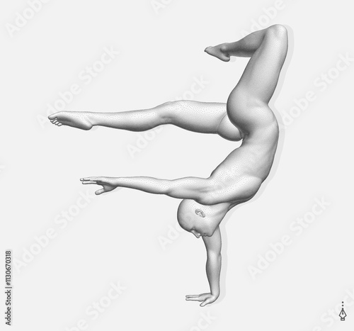 Man making one arm handstand. Gymnast. 3D model of human body. Sports symbol for fitness studio, dance class, yoga or aerobics classes. Vector illustration. 