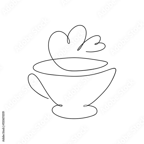 Coffee cup with a heart hand-drawn in one continuous line, black and white illustration, vector. Graphic contour romantic illustration for decoration, decor design, holiday, Valentine, wedding