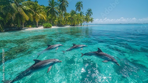 Tropical Island Surrounded by Turquoise Waters with Playful Dolphins Leaping in the Distance