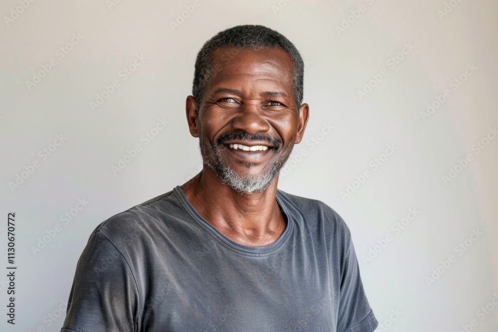 Fototapeta premium Portrait of a grinning afro-american man in his 50s dressed in a casual t-shirt isolated in plain white digital canvas