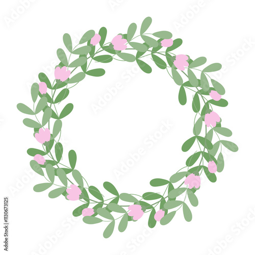 Springtime leaf sprigs and blooming floral buds Circle frame border in trendy soft green and pink