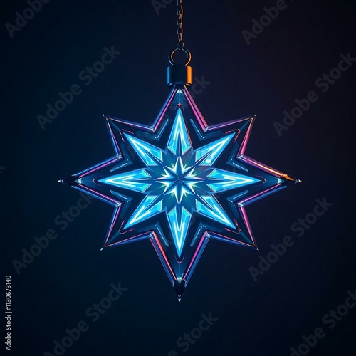 A futuristic  Christmas ornament, combining metal and glass materials with neon LED lighting integrated into the design