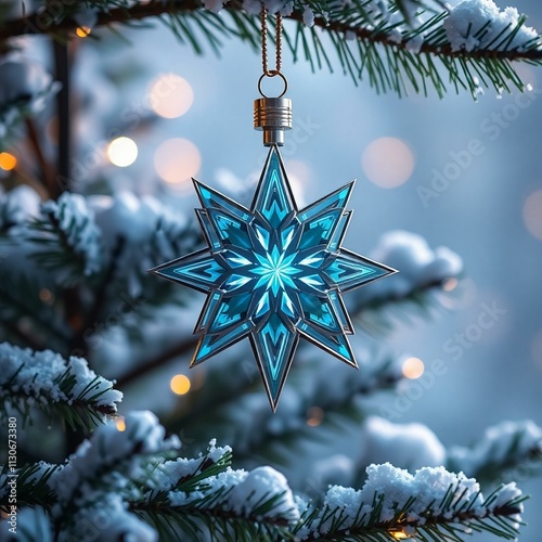 A futuristic  Christmas ornament, combining metal and glass materials with neon LED lighting integrated into the design