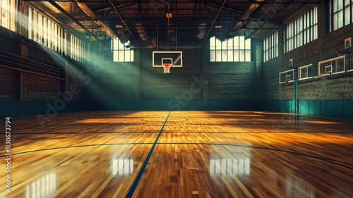 Big empty basketball court before upcoming game, Hoop, backboard at center. Professional sport arena. Polished wooden floor. Large stadium background. World championship match. School gym. photo