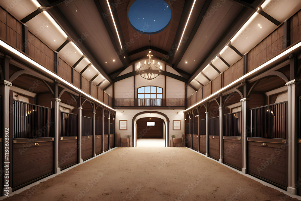 illustration of luxery modern sportive stable in brown colors at evening. Equestrian concept. Ai generated