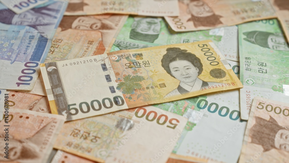 Obraz premium South korean banknotes featuring various denominations of won currency spread out in a close-up, showing detailed colorful designs and portraits.