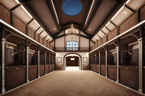 Obraz na płótnie illustration of luxery modern sportive stable in brown colors at evening. Equestrian concept. Ai generated w salonie