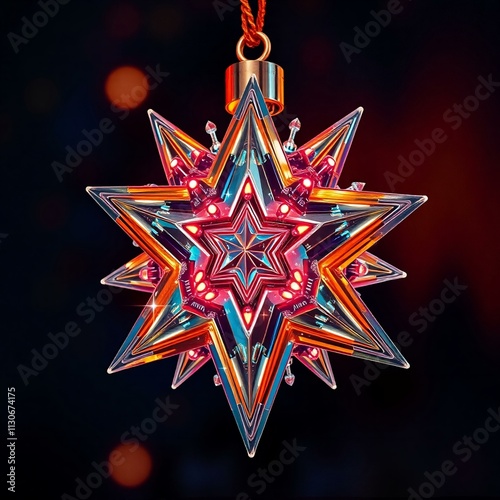 A futuristic  Christmas ornament, combining metal and glass materials with neon LED lighting integrated into the design