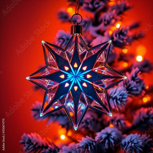 A futuristic  Christmas ornament, combining metal and glass materials with neon LED lighting integrated into the design