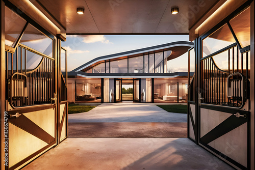 luxery modern stable combaining with house at sunrise. Equestrian concept. Ai generated