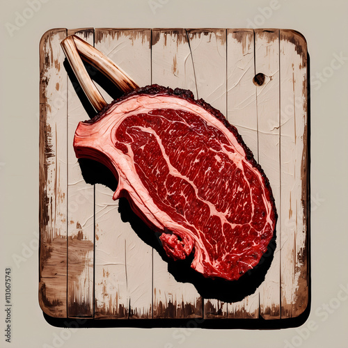 Raw ribeye steak displayed on a rustic cutting board, showcasing marbling and quality photo