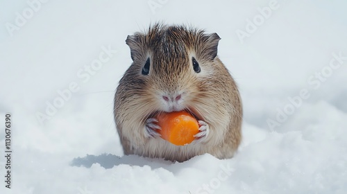 Side view of a guinea pig eating a piece of carrot, positioned centrally on a bright white backdrop  photo