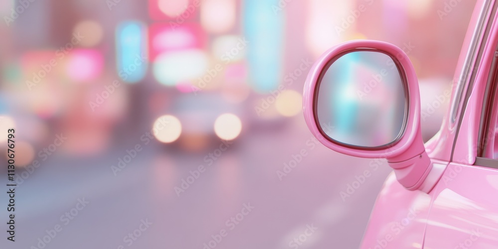 Naklejka premium Pink Car Mirror in City Lights 