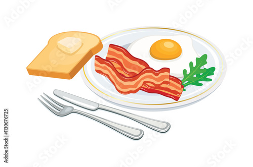 Bacon and Eggs on a plate and toasted bread icon vector. Fried egg with bacon on a plate icon isolated on a white background. Bacon, fried egg, arugula, toast, cutlery vector illustration
