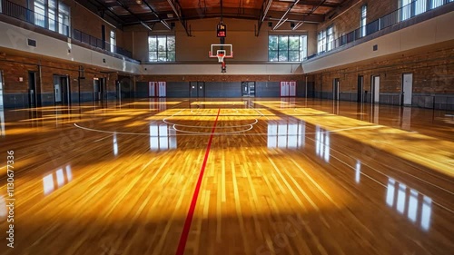 Big empty basketball court before upcoming game, Hoop, backboard at center. Professional sport arena. Polished wooden floor. Large stadium background. World championship match. School gym. photo