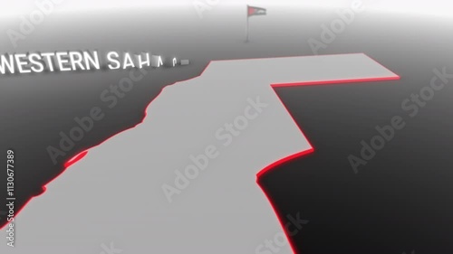 3d animated map of Western Sahara gets hit and fractured by the text “War”
