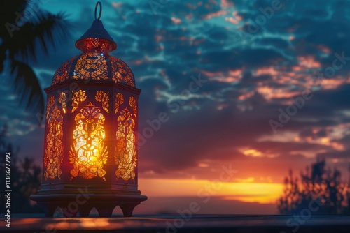 A lit up ramadan lamp against serene and beautiful evening sky. Ramadan background.