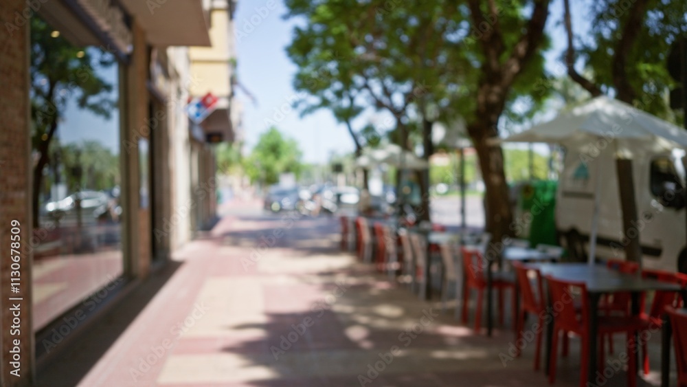 Fototapeta premium Blurry outdoor scene featuring an empty sidewalk cafÃ© with tables and chairs, tree-lined street, storefronts, and parked vehicles on a sunny day
