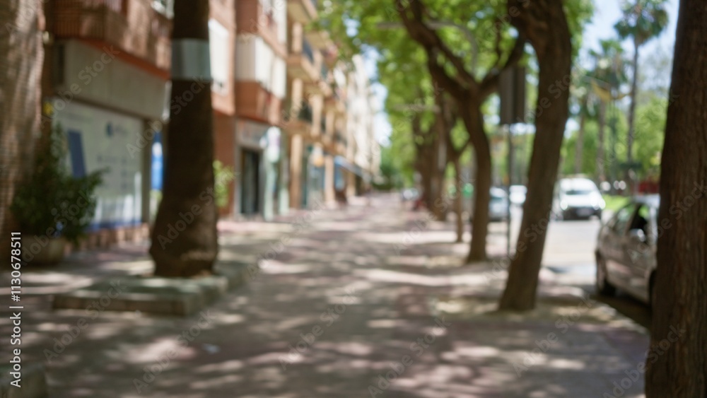 Obraz premium Trees lining a blurred outdoor streetscape with defocused background, blurry buildings, and bokeh effect capturing a typical urban sidewalk scene