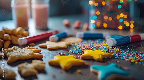 Christmas Cookie Decoration Table Silhouette, Kids Decorating CookiesChristmas day, New Year's Eve, Happy New Year  photo