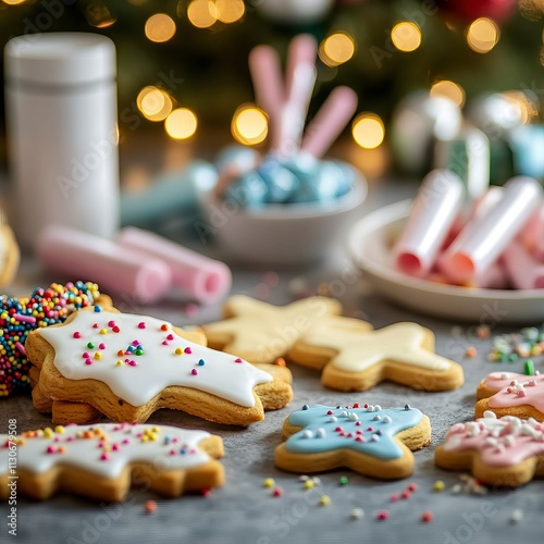 Christmas Cookie Decoration Table Silhouette, Kids Decorating CookiesChristmas day, New Year's Eve, Happy New Year  photo