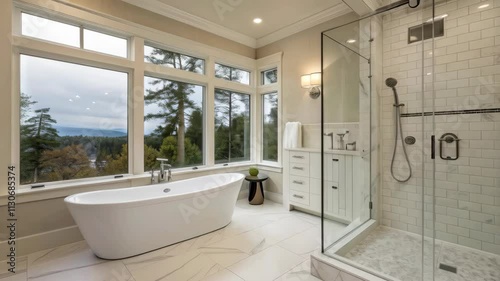 Modern Bathroom Design with Large Windows and Scenic View