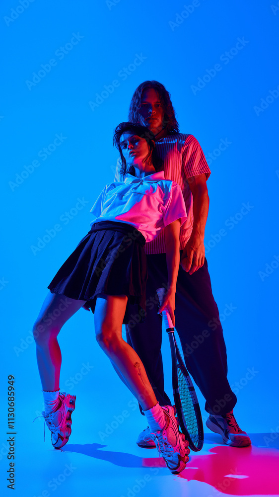 Obraz premium Portrait of stylish young man and woman wearing trendy clothes and posing with tennis racket against blue studio background in neon light. Concept of sport, youth, street style, modern fashion