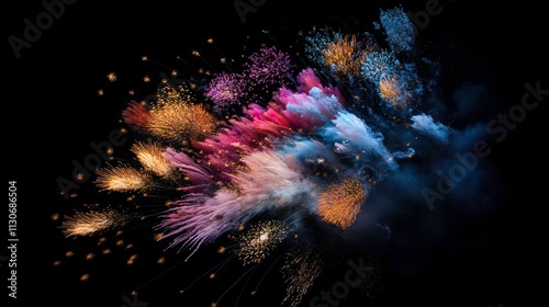 Cosmic Burst: A vibrant explosion of fireworks paints the night sky with a breathtaking display of color and light.  A kaleidoscope of pink, blue, gold. photo