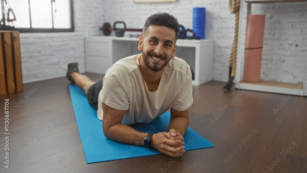 Fototapeta premium A handsome young hispanic man lies on a yoga mat smiling cheerfully in a modern indoor gym setting.