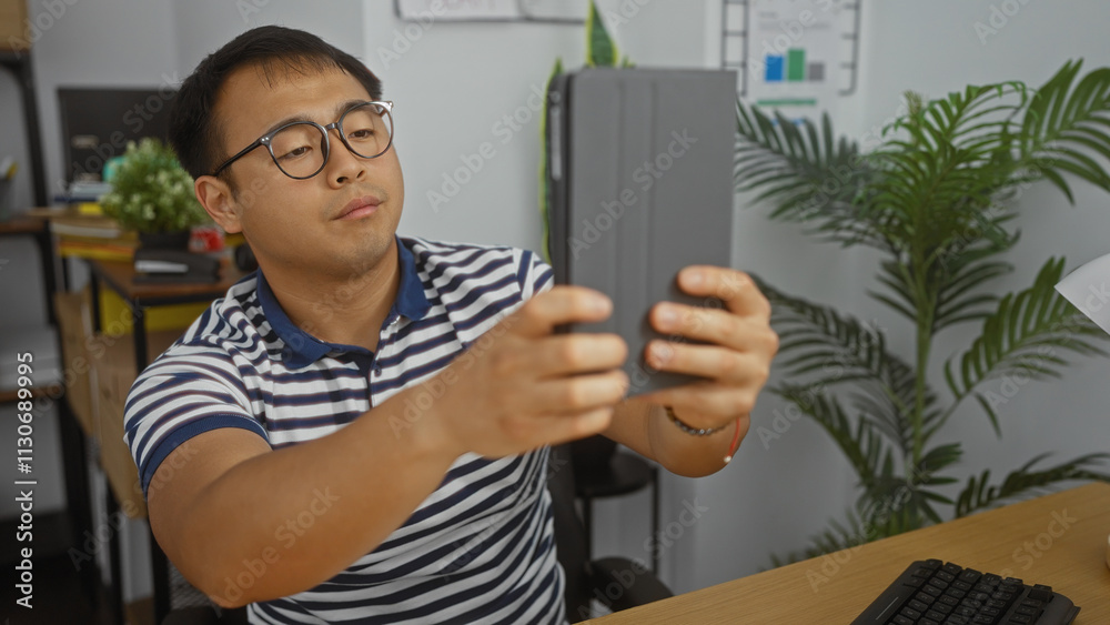 Fototapeta premium Asian man in office taking selfie with tablet, china, workplace, adult, handsome, person, attractive, indoor, man, male.