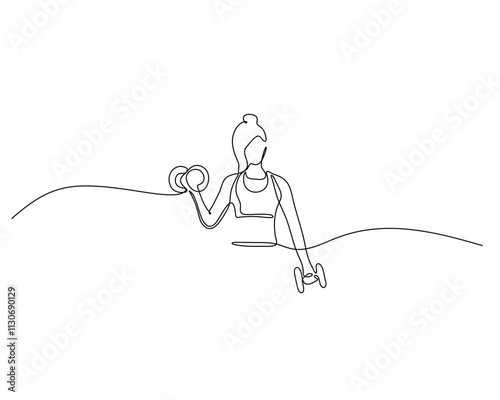 Minimalist one-line drawing of a person lifting dumbbells, symbolizing fitness, strength, and exercise. The continuous line art style adds a modern and artistic touch.