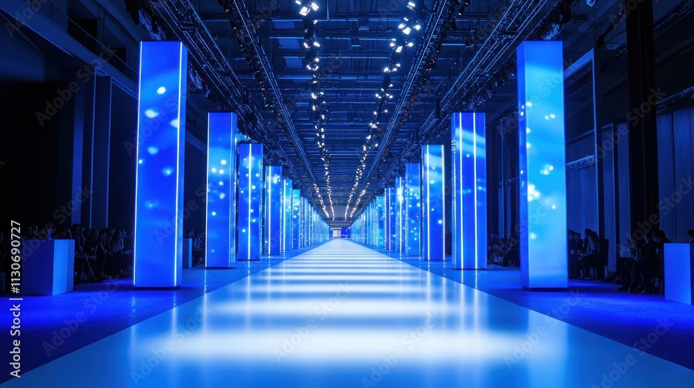 Fototapeta premium Blue Illuminated Runway at a Fashion Show