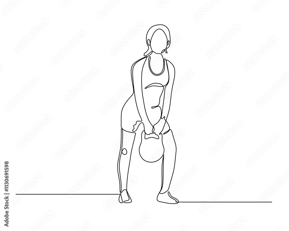 Fototapeta premium Continuous line drawing of a person lifting a kettlebell, demonstrating strength and fitness. Ideal for workout routines, gym exercises, and healthy lifestyle concepts.