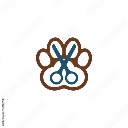 Dog grooming logo design template. Dog paw print with scissors. Vector isolated illustration on white background.