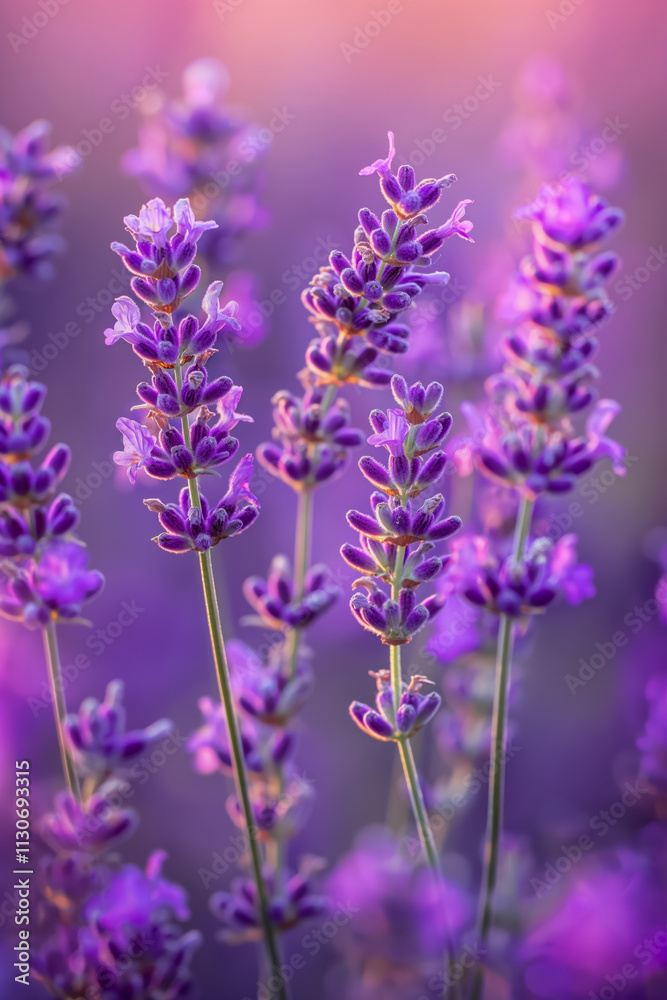 Obraz premium Lavender blossoms in a vibrant sunset background