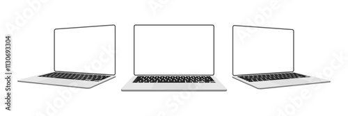 Realistic 3D Laptop Mockups: Silver Color Set from Various Angles with White Screens on White Background