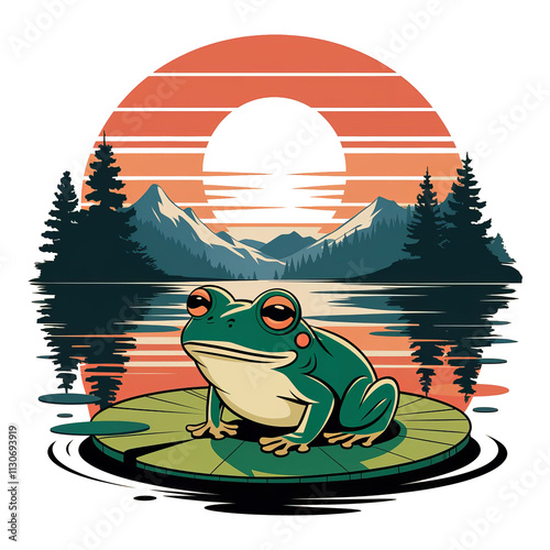 A Vintage Sunset T-Shirt Design Featuring a Cheerful Green Frog for a Fun and Playful Aesthetic