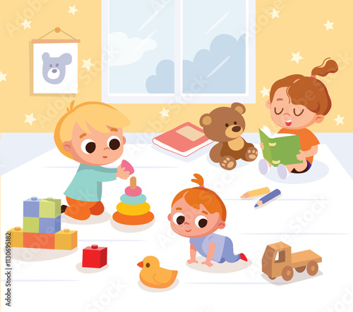 Kids spending time in kinder garden, basic activities in preschool, development process. playing toys together. Playroom with children. vector illustration. crawling reading a book assembling pyramid