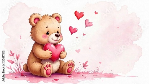 Cute little bear holding a heart on a white background, mseto for text, postcard or layout for postcard for valentine's day, birthday, mother's day