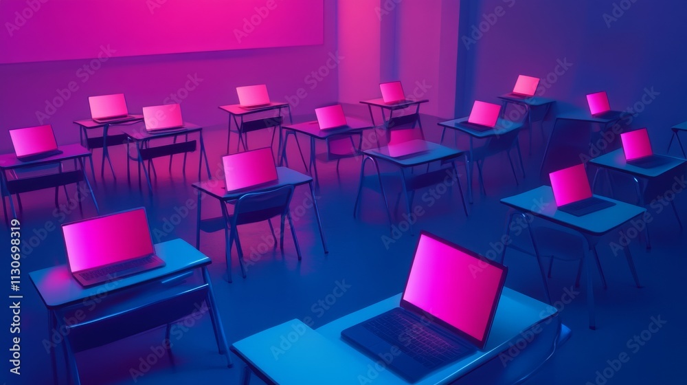 Obraz premium Digital classroom for online education with desks, laptops, and social distance concepts. 