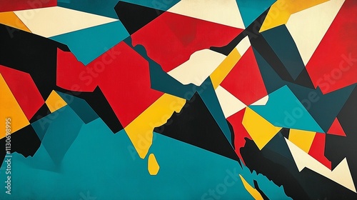 Abstract Geometric Canvas: Vibrant Red, Yellow, and Teal Abstract Painting 