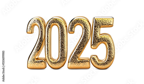 3D representation of the golden number 2025 set against a white background, epitomizing celebration and hope for the upcoming year.