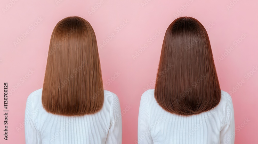 Fototapeta premium Hair Damage Repair Concept. Two women with long, straight hair facing away against a pink background.