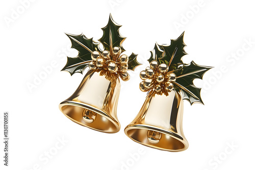 3D Christmas golden bells with holly clip art on creative backgrounds for imaginative designs, perfect for the holidays.