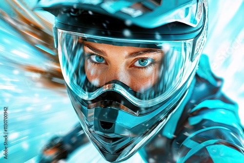 Intense rider in blue helmet and gear speeding fast photo